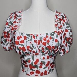 SHEIN MOD Cherry print, cherry prints puff sleeve tie back crop blouse